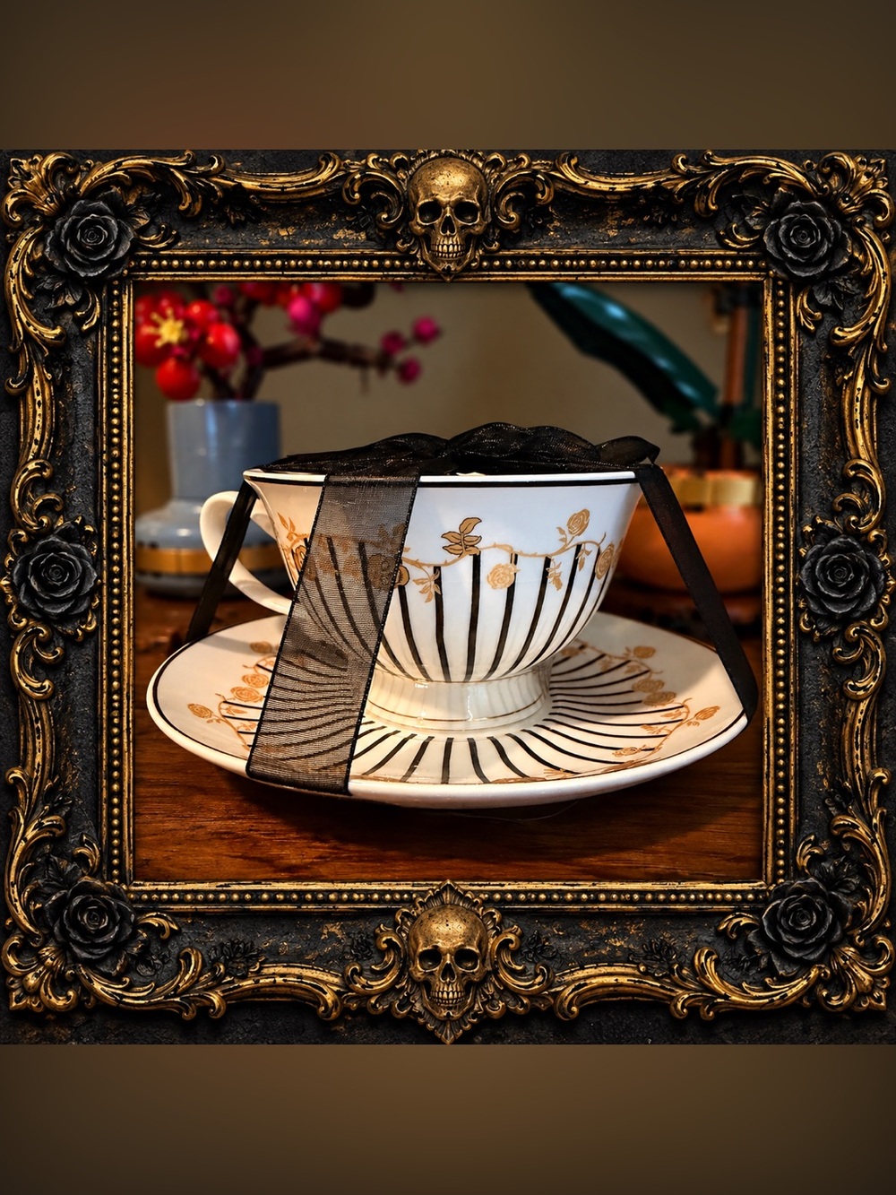 Gothic Style Skull and Roses Tea Cup and Saucer
